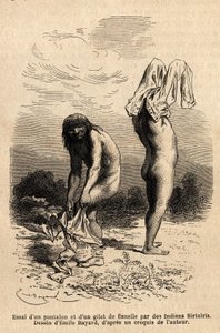 Dwóch Indian Siriniris próbuje okryć spodnie i kamizelkę, które członek ekspedycji wysuszył na brzegu jezior u podnóża góry Basiri (Peru). Engravure pour illustrrer le voyage dans les vallees de Quinquinas (Peru), Paul Marcoy, w autorstwa Unknown artist