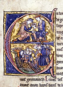 Dwóch królów Bretanii: Bans de Berroye (ojciec Lancelota) i Boorz de Gaune. Rękopis: Zdobycie Świętego Graala, napisany 717 lat po męce naszego Pana. Bibliotheque Municipale de Rennes, ms. 255 (Zbiór powieści Okrągłego Stołu); P autorstwa Unknown artist