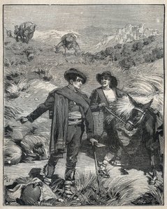Dwóch chłopów z Sierra Almagrera w Hiszpanii odkryło w 1838 r. złoże srebra Jaroso. Rycina z 1885 r. w „Les arts et metiers illustres” Adolphe BITARD. autorstwa Unknown artist