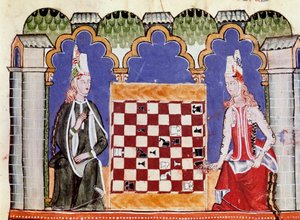 Dwie kobiety grające w szachy. Miniatura z rękopisu „Libro de los juegos” Alfonsa X Mądrego lub Savanta (po hiszpańsku Alfonso X el Sabio autorstwa Unknown artist