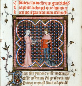 ""Młody mężczyzna i stara kobieta"" Podświetlana strona z rękopisu "Le Roman de la Rose" Guillaume de Lorris (około 1200-1238) i Jean de Meun (Meung) (1240-1305) około 1353 Szwajcaria Biblioteka Genewska autorstwa Unknown artist