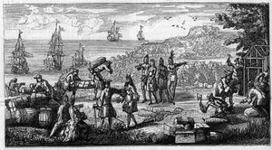 Odkorkowanie dostaw we francuskich koloniach Ameryki. Rysunek piórkiem umieszcza głowę wspomnień Vaubana o „Koloniach”” w rękopisie jego „Oisivetes”” zachowanym w Depot des Fortifications. Grawerowanie w „” La Nature: revue des sciences et d autorstwa Unknown artist