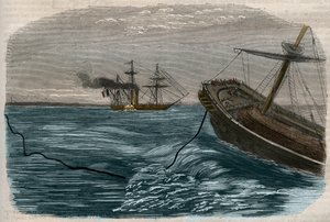 Podwodne linie telegraficzne: Układanie kabla podmorskiego (okręt podwodny) Rycina z 1857 r. autorstwa Unknown artist