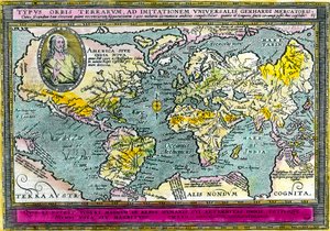 Uniwersalna mapa geograficzna (mapa świata) z 1596 r. Grawerowanie. Prywatna kolekcja. autorstwa Unknown artist
