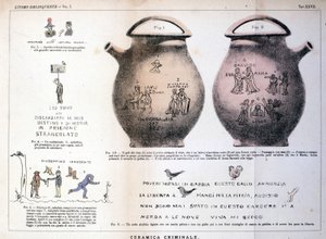 Różne ilustracje i napisy pozostawione przez przestępców na ceramicznych wazach: opracowanie Cesare Lombroso (1835-1909), włoskiego kryminologa w „Człowieku przestępcy” (L