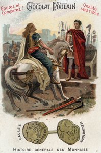 Wercyngetoryks (72-46 p.n.e.), przywódca buntu galijskiego, składa broń u stóp Cezara (100-44 p.n.e.), po definitywnej utracie miasta Alesia - W ogólnej historii monet - Chromolitografia czekoladowo-źrebięca późnego XIX wiek - Prywatne Coll autorstwa Unknown artist