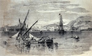 Widok na Korfu w Grecji z wyspy Vido. Grawerunek z początku XIX wieku autorstwa Unknown artist