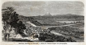 Widok Homoura, przedmieście Jokohamy, z górą Fuji w tle. Rycina ilustrująca podróż do Japonii w latach 1863-1864, autorstwa Aime Humberta, ministra Konfederacji Szwajcarskiej, w „Le tour du monde, nouveau journal des voyages”, wydanej pod autorstwa Unknown artist