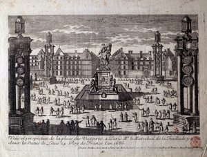 Widok na Place des Victoires w Paryżu z posągiem Ludwika XIV wzniesionym przez marszałka de la Feuillade w 1686 roku. Rycina Paryża z XVII wieku, Musee Carnavalet autorstwa Unknown artist