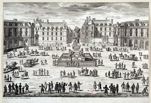 Widok na Place des Victoires w Paryżu z posągiem Ludwika XIV wzniesionym przez marszałka de la Feuillade w 1686 roku. Rycina Paryża z XVII wieku, Musee Carnavalet autorstwa Unknown artist