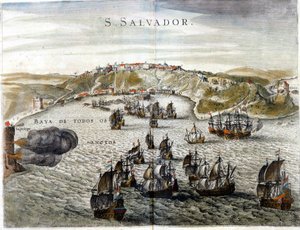 Widok Salvadoru, dawniej Bahia, stolicy Brazylii w 1549 roku, kiedy została założona - Rycina z XVI wieku autorstwa Unknown artist