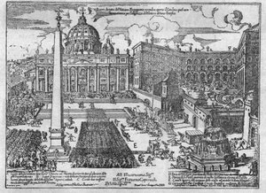 Widok na plac św. Piotra podczas konklawe na wybór nowego papieża: tłum plądrował plac: to była tradycja: tłum w chwili ogłoszenia wyboru nowego papieża pobiegł do domu św. wybrany kardynał i ransac autorstwa Unknown artist