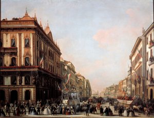 Widok ulicy Venezia z pływakiem karnawałowym, Mediolan (obraz autorstwa Unknown artist