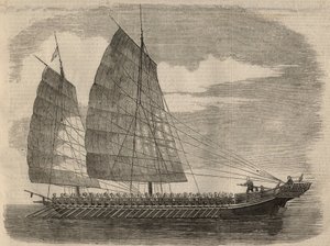 Widok chińskiego statku pirackiego w kantonie. Grawerowanie w „The Illustrated London News”” z 31 stycznia autorstwa Unknown artist