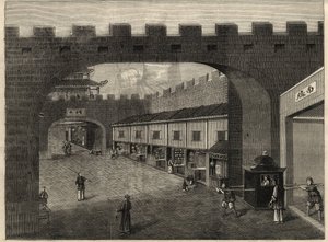 Widok ulicy w murach miasta Guangzhou, Chiny. Grawerowanie w „The Illustrated London News”” z 14 lutego 1857 r. autorstwa Unknown artist