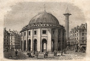 Widok halle au ble w Paryżu (zbudowany w latach 1763-1769) i kolumny Medyceuszy, rycina pocz. XIX w. - giełda pszenicy i zboża w Paryżu (zbudowana w latach 1763-1769), rycina pocz. XIX w. - Vue de la Halle au ble, umieszczone na obecnym Hotelu de Soisso autorstwa Unknown artist