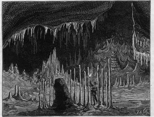 Widok „Sali Kościoła”” w jaskini Dargilan (Lozere). Grawer w „” La Nature. Revue des sciences et de ses applications aux arts et a l