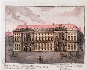 Widok na Hotel Kancelarii Cyganerii i Austrii w Wiedniu, Austria. Grawer z 1815 r. Kolekcja prywatna autorstwa Unknown artist