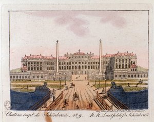 Widok na zamek cesarski Schonbrunn (Schonbrun) (XVI-XVII w.) w pobliżu Wiednia, Austria Grawerowanie z 1815 r. Kolekcja prywatna autorstwa Unknown artist
