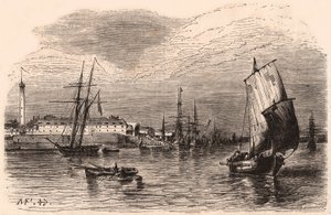 Widok na port Lorient, Morbihan, Bretania, Francja: żaglówki i łódź na pierwszym planie, budynki portu i latarnia morska w tle autorstwa Unknown