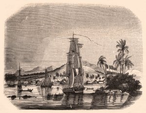 Widok na zatokę Papeete i blok Queen, Tahiti, Polinezja Francuska oraz na pierwszym planie żaglówki i łodzie autorstwa Unknown