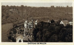 Widok na zamek Walzin w Walonii (Belgia) nad brzegiem rzeki Lesse. Chromolitografia z końca XIX wieku. autorstwa Unknown artist