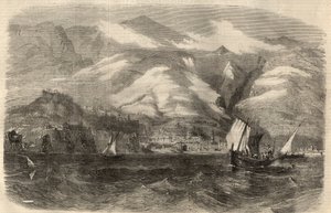 Widok na miasto Funchal na wyspie Madere (Madera) w Portugalii. Grawerowanie w „The Illustrated London News”” z 29 lutego autorstwa Unknown artist