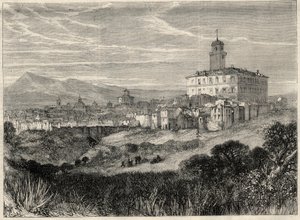 Widok na miasto Monterotondo (Monte Rotondo, Monte-Rotondo) we Włoszech. Grawer w ""L