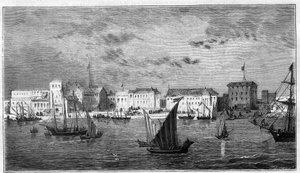 Widok na miasto Zanzibar w Afryce. Po lewej konsulat francuski. Po prawej pałac sułtana i arsenał. Grawer w „Prześwietnym Wszechświecie” autorstwa Unknown artist