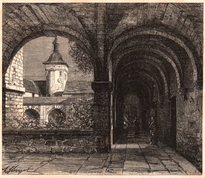 Widok na krużganek opactwa Solesmes z galerii, Sarthe, Francja autorstwa Unknown