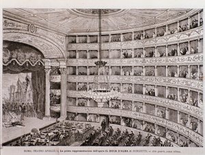 Widok prawykonania opery Książę Alba w Teatro Apollo w Rzymie autorstwa Unknown artist
