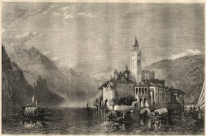Widok klasztoru Mater Ecclesiae na wyspie Saint Jules (Saint Jules) (San Giulio) na jeziorze Orta (Jezioro Cusio) we Włoszech. Grawerowanie według obrazu Williama Collingwooda Smitha (1815-1887). W „The Illustrated London News” z 22 marca autorstwa Unknown artist