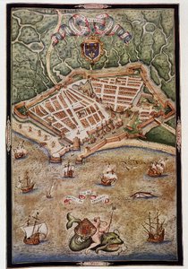 Widok na port Le Havre w 1583 r. - z iluminowanego rękopisu Jacquesa Delvaux, pilota marynarki wojennej, dedykowanego admirałowi de Joyeuse autorstwa Unknown artist