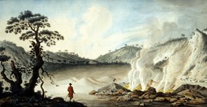Widok na solfatare, teren wulkaniczny wydobywający się z gorących oparów i gazów siarkowych. Pozzuoli w pobliżu Neapolu. 19 wiek. autorstwa Unknown artist
