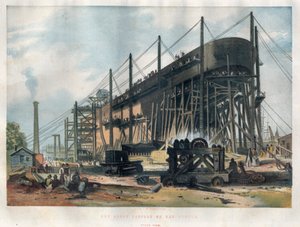 Widok na rufę transatlantyckiego liniowca „Great Eastern” (Lewiatan) budowanego w stoczni Thames w Londynie. Grawerowanie w „Ilustrowanych londyńskich wiadomościach” z 7 listopada 1857 r. autorstwa Unknown artist