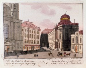 Widok na teatr i dziedziniec w kierunku cesarskiej ujeżdżalni w Wiedniu, Austria. Grawer z 1815 r. Kolekcja prywatna autorstwa Unknown artist