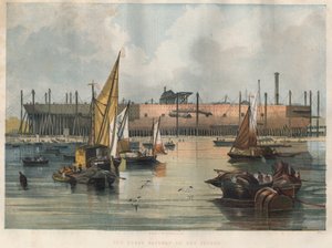 Widok transatlantyku „Great Eastern” (Lewiatan) w budowie w Stoczni Tamizy w Londynie. Grawerowanie w „Ilustrowanych londyńskich wiadomościach” z 7 listopada 1857 r. autorstwa Unknown artist