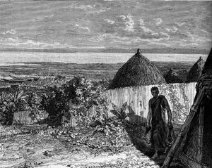Wioska nad brzegiem jeziora Albert Nyanza (lub jeziora Albert), Afryka. Grawerowanie w „” Le Journal de la jeunesse”” autorstwa Unknown artist