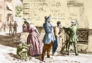 Viva Verdi: Entuzjastyczne inskrypcje dla Giuseppe Verdiego w Neapolu (królestwo obu Sycylii) pod okupacją austriacką w 1859 r., po zakazie wystawiania jego opery „Un Ballo in maschera” (V.E.R.D.I. (VERDI) = Vittorio Emanuele Re d