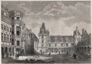 Widok z zewnątrz na zamek Blois z monumentalną klatką schodową - Grawerowanie w „Le Monde Illustrie” autorstwa Unknown artist