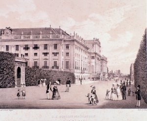 Piechurzy w parku pałacu Schonbrunn (Schoenbrunn) w Wiedniu. Austria. Druki z początku XIX wieku Kolekcja prywatna autorstwa Unknown artist