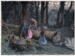 Wędrowcy próbują obliczyć wiek martwego dębu, badając naprężenie drzewa. Grawerowanie pod koniec XIX wieku. autorstwa Unknown artist