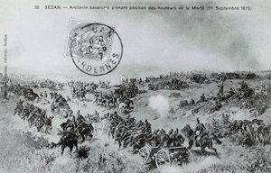 Wojna 1870: Bawarska artyleria zajmuje pozycję ze wzgórz Marfe w Ardenach w dniu 1.09.1870. Grawerowanie od 1870 autorstwa Unknown artist