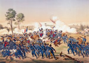 Wojna 1870: szarża pancerników w bitwie pod Froeschwiller Woerth (Froeschwiller-Woerth) w dniu 06.08.1870, w której odniesiono zwycięstwo Niemiec - Litografia z 1870 r. Paryż, NL autorstwa Unknown artist