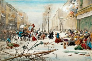 Wojna 1870: oblężenie Paryża w 1870, bombardowanie przez Prusaków. Mieszkańcy Paryża opuszczają zbombardowane tereny pod śniegiem. Akwarela z XIX wieku. Paryż, Musée de l