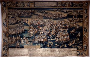 Wojna Religii: „”Bitwa pod Jarnac, śmierć Ludwika I de Bourbon, księcia Conde (Bourbon-Conde) (1530-1569)”” Sprzeciwia się protestanckiej armii księcia Conde w dniu 13.03.1569 r. króla Francji dowodzonego przez księcia Andegawenii. Gobelin autorstwa Unknown artist