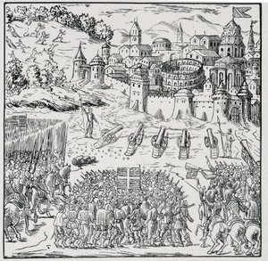 Wojna Religii: Miasto Nîmes oblężone przez Armię Króla (Henryk III) w 1576 r. - w „”Zbiór 39 figurek przedstawiających klęski Francji od 1562 do 1586 r.””, imprim Louis Perrin. autorstwa Unknown artist