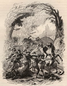 Wojna Galów: Bitwa pod Aduatuca między belgijskimi ludami Eburonów a armią rzymską. Pokonany Quintus Titurius Sabinus i Lucius Aurunculeius Cotta w 54 pne. Rycina z 1868 roku w „Histoire de Belgique od czasów prymitywnych do końca autorstwa Unknown artist