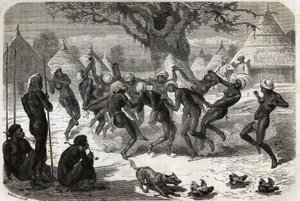 Taniec powitalny wykonywany przez kobiety z plemienia, po powrocie Bakera i jego żony z Lake Albert (Albert Nyanza). Engravure pour illustration le voyage au lac Albert, en 1861-1864, de Sir Samuel White Baker, w „Le tour du monde, nouveau journal des voya autorstwa Unknown artist