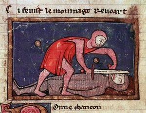 Wilhelm V z Poitiers zwany Wielkim (960-1030) odcina język swojemu wrogowi hrabiemu Bosonowi II z Marche (988-1008) w 1008. Miniatura zaczerpnięta z „Moinage of William” (ms. 1025) XIII-wieczny Mediolan, Biblioteca Trivulziana autorstwa Unknown artist